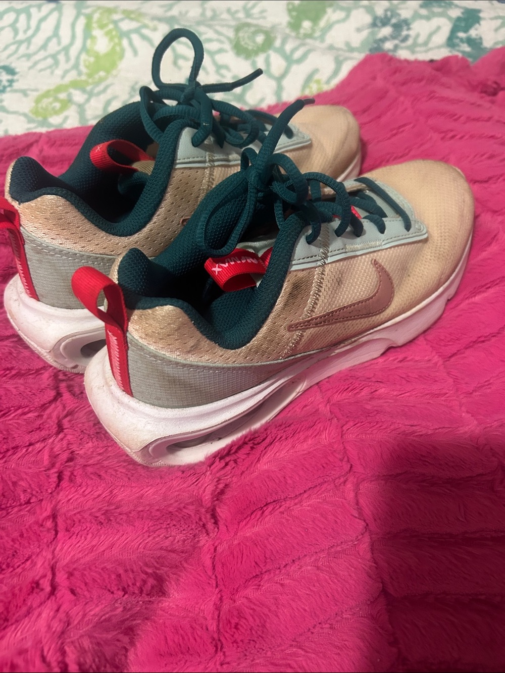Nike Beige Sneakers with Teal Interior and Red Accents